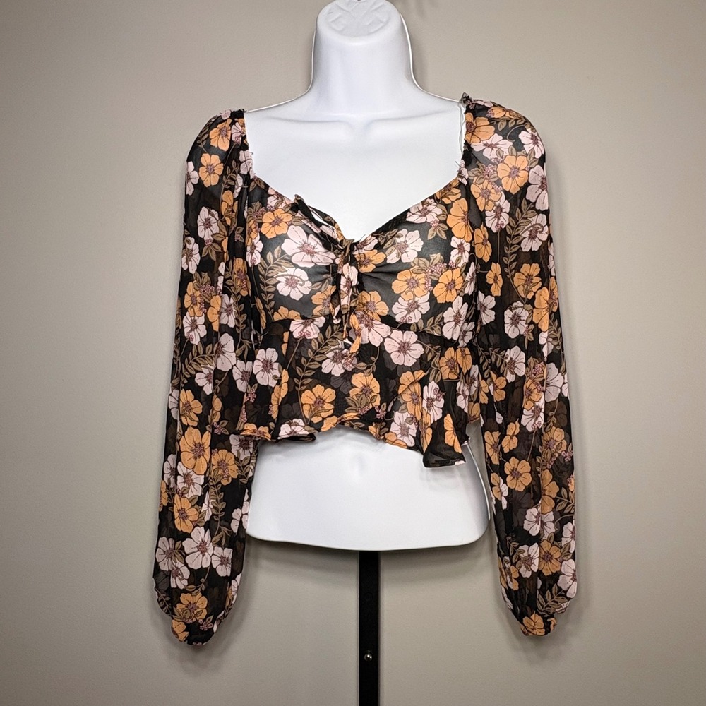 3rd + Malt Floral Crop Top Long Sleeve Tie Front Peplum Blouse Black Orange M‎